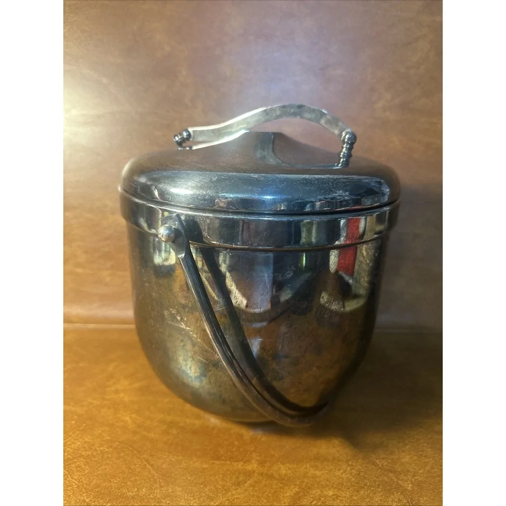 Vintage Silver Plated Mechanical Ice Bucket W Milk Glass, Swing Lid, Patina b